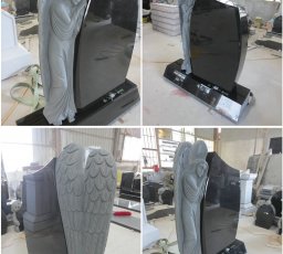 Sculpted leaning angel - Curved top tablet with beveled base - Jet Black granite